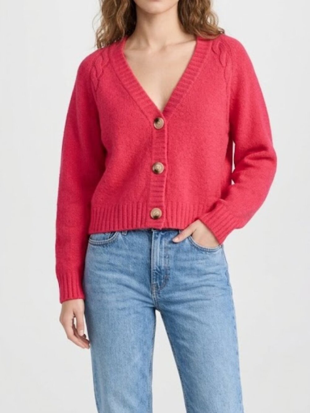 Altar'd State Chunky Cable Knit V-Neck Cropped Sweater in Magenta Pink Size M